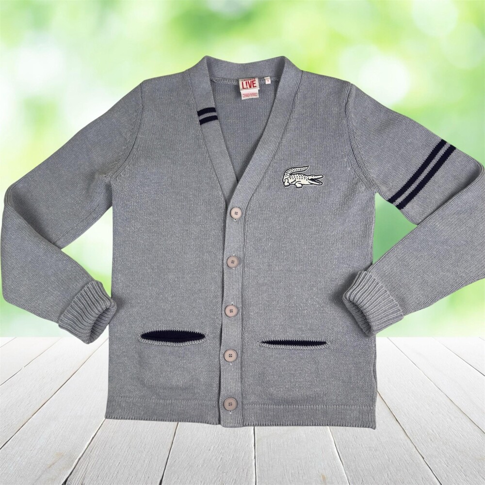 LACOSTE LIVE Big Croc Varsity Cardigan Sweater Preppy Gray Made in France Mens S